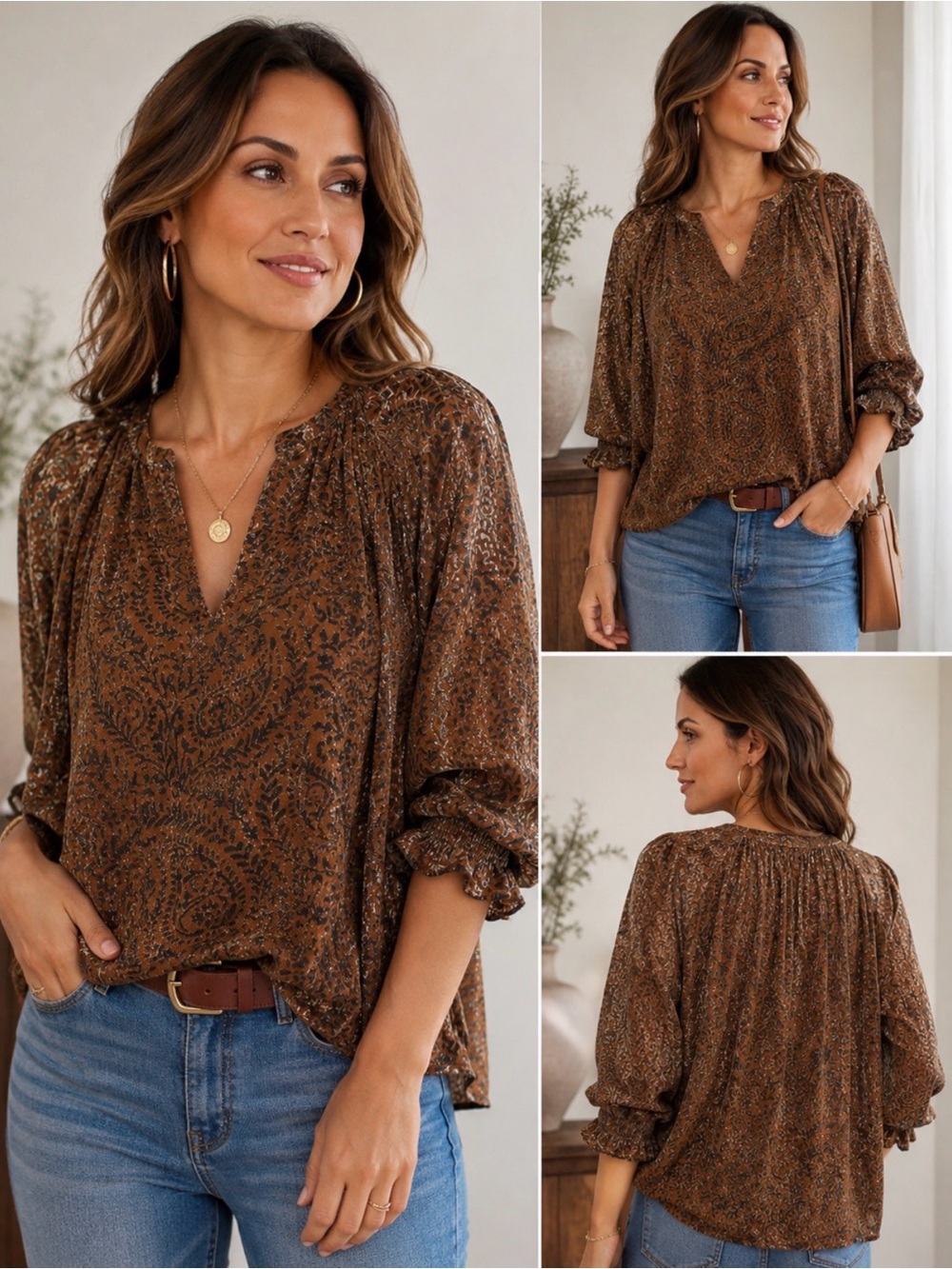 BB Dakota Brown Paisley V-Neck Peasant Blouse
